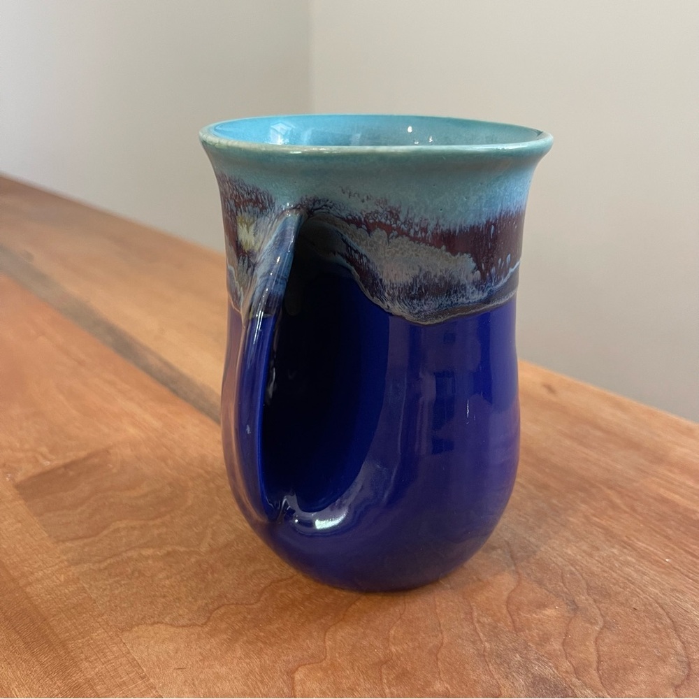 Neher Clay In Motion Pottery LEFT HAND Warmer Mug Signed 2013 Teal Blue